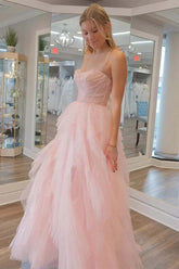 Stunning Light Pink Tulle A-line Strapless Prom Dress, Evening Dresses